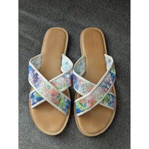Toms Womens W10 Colorful Floral Embroidered Slide Sandals With Tan Soles